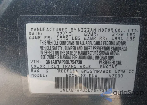 2013 Nissan Sentra Sv z USA, uszkodzony, nr VIN 3N1AB7AP0DL754739
